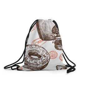 Рюкзак-мешок 3D с принтом Вкусности в Санкт-Петербурге, 100% полиэстер | плотность ткани — 200 г/м2, размер — 35 х 45 см; лямки — толстые шнурки, застежка на шнуровке, без карманов и подкладки | бургер | вкусности | еда | пончик | попкорн | фастфуд | хот дог