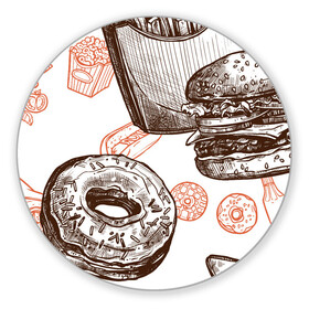 Коврик для мышки круглый с принтом Вкусности в Санкт-Петербурге, резина и полиэстер | круглая форма, изображение наносится на всю лицевую часть | бургер | вкусности | еда | пончик | попкорн | фастфуд | хот дог