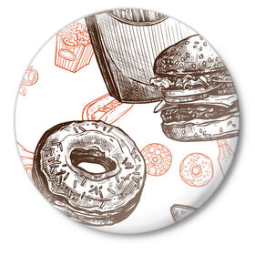 Значок с принтом Вкусности в Санкт-Петербурге,  металл | круглая форма, металлическая застежка в виде булавки | бургер | вкусности | еда | пончик | попкорн | фастфуд | хот дог