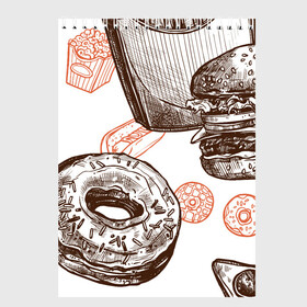 Скетчбук с принтом Вкусности в Санкт-Петербурге, 100% бумага
 | 48 листов, плотность листов — 100 г/м2, плотность картонной обложки — 250 г/м2. Листы скреплены сверху удобной пружинной спиралью | Тематика изображения на принте: бургер | вкусности | еда | пончик | попкорн | фастфуд | хот дог