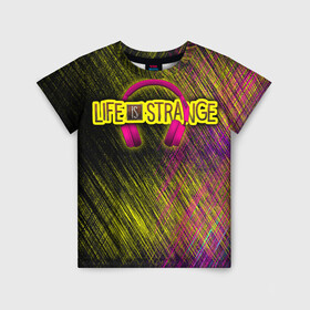 Детская футболка 3D с принтом Life is strange true color в Санкт-Петербурге, 100% гипоаллергенный полиэфир | прямой крой, круглый вырез горловины, длина до линии бедер, чуть спущенное плечо, ткань немного тянется | black | carbon | life is strange | yellow | надпись | наушники | розовый | текстура | узор | цвета