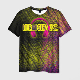 Мужская футболка 3D с принтом Life is strange true color в Санкт-Петербурге, 100% полиэфир | прямой крой, круглый вырез горловины, длина до линии бедер | Тематика изображения на принте: black | carbon | life is strange | yellow | надпись | наушники | розовый | текстура | узор | цвета