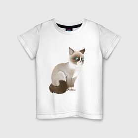 Детская футболка хлопок с принтом Grumpy Cat в Санкт-Петербурге, 100% хлопок | круглый вырез горловины, полуприлегающий силуэт, длина до линии бедер | grumpy cat | грустный кот | кот мем | мем | сердитая кошка