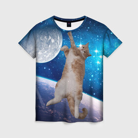 Женская футболка 3D с принтом Кисулькин в космосе в Санкт-Петербурге, 100% полиэфир ( синтетическое хлопкоподобное полотно) | прямой крой, круглый вырез горловины, длина до линии бедер | астроном пушистый | барсик | звезды | космос | котики | коты