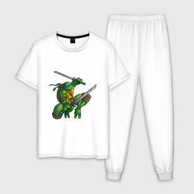 Мужская пижама хлопок с принтом Леонардо в Санкт-Петербурге, 100% хлопок | брюки и футболка прямого кроя, без карманов, на брюках мягкая резинка на поясе и по низу штанин
 | donatello | leonardo | michelangelo | ninja | pizza | raphael | turtles | донателло | животные | карате | комикс | комиксы | леонардо | микеланджело | мультфильм | мутант | мутанты | ниндзя | пицца | рафаэль | сплинтер | супергерой