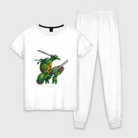 Женская пижама хлопок с принтом Леонардо в Санкт-Петербурге, 100% хлопок | брюки и футболка прямого кроя, без карманов, на брюках мягкая резинка на поясе и по низу штанин | donatello | leonardo | michelangelo | ninja | pizza | raphael | turtles | донателло | животные | карате | комикс | комиксы | леонардо | микеланджело | мультфильм | мутант | мутанты | ниндзя | пицца | рафаэль | сплинтер | супергерой