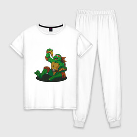 Женская пижама хлопок с принтом Pizza - Ninja Turtles в Санкт-Петербурге, 100% хлопок | брюки и футболка прямого кроя, без карманов, на брюках мягкая резинка на поясе и по низу штанин | donatello | leonardo | michelangelo | ninja | pizza | raphael | turtles | донателло | животные | карате | комикс | комиксы | леонардо | микеланджело | мультфильм | мутант | мутанты | ниндзя | пицца | рафаэль | сплинтер | супергерой