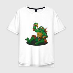 Мужская футболка хлопок Oversize с принтом Pizza - Ninja Turtles в Санкт-Петербурге, 100% хлопок | свободный крой, круглый ворот, “спинка” длиннее передней части | donatello | leonardo | michelangelo | ninja | pizza | raphael | turtles | донателло | животные | карате | комикс | комиксы | леонардо | микеланджело | мультфильм | мутант | мутанты | ниндзя | пицца | рафаэль | сплинтер | супергерой