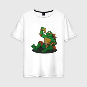 Женская футболка хлопок Oversize с принтом Pizza - Ninja Turtles в Санкт-Петербурге, 100% хлопок | свободный крой, круглый ворот, спущенный рукав, длина до линии бедер
 | donatello | leonardo | michelangelo | ninja | pizza | raphael | turtles | донателло | животные | карате | комикс | комиксы | леонардо | микеланджело | мультфильм | мутант | мутанты | ниндзя | пицца | рафаэль | сплинтер | супергерой