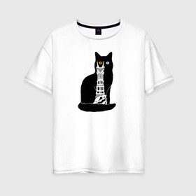 Женская футболка хлопок Oversize с принтом КотоМордор в Санкт-Петербурге, 100% хлопок | свободный крой, круглый ворот, спущенный рукав, длина до линии бедер
 | cat | башня | властелин колец | киса | кот | котенок | котэ | кошка | мордор | фильм | черный