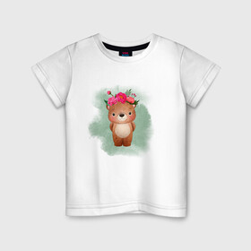 Детская футболка хлопок с принтом Мишка в Санкт-Петербурге, 100% хлопок | круглый вырез горловины, полуприлегающий силуэт, длина до линии бедер | венок | косолапый | лес | мишка | цветы