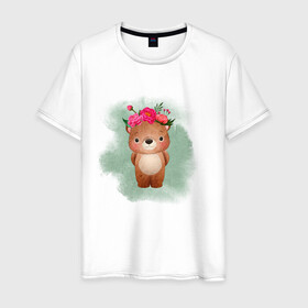 Мужская футболка хлопок с принтом Мишка в Санкт-Петербурге, 100% хлопок | прямой крой, круглый вырез горловины, длина до линии бедер, слегка спущенное плечо. | венок | косолапый | лес | мишка | цветы