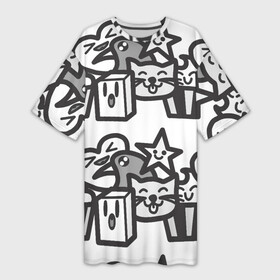Платье-футболка 3D с принтом Чёрно белые дудлы в Санкт-Петербурге,  |  | Тематика изображения на принте: doodle | белый | ворон | ворона | дудл | дудлы | звезда | кекс | кот | котэ | кошка | сердечко | сердце | чёрно белый | чёрный