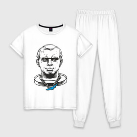 Женская пижама хлопок с принтом Гагарин в Санкт-Петербурге, 100% хлопок | брюки и футболка прямого кроя, без карманов, на брюках мягкая резинка на поясе и по низу штанин | бабрбук | байкал | гагарин