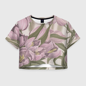Женская футболка Crop-top 3D с принтом Сахарный розовый в Санкт-Петербурге, 100% полиэстер | круглая горловина, длина футболки до линии талии, рукава с отворотами | Тематика изображения на принте: flowers | sugar pink | бутоны | весна | женственность | нежность | природа | тюльпан | флавер | цветы