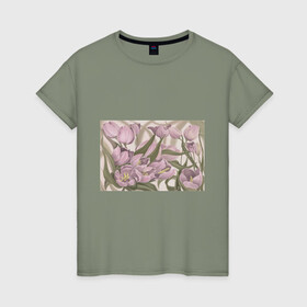 Женская футболка хлопок с принтом Сахарный розовый в Санкт-Петербурге, 100% хлопок | прямой крой, круглый вырез горловины, длина до линии бедер, слегка спущенное плечо | Тематика изображения на принте: flowers | sugar pink | бутоны | весна | женственность | нежность | природа | тюльпан | флавер | цветы