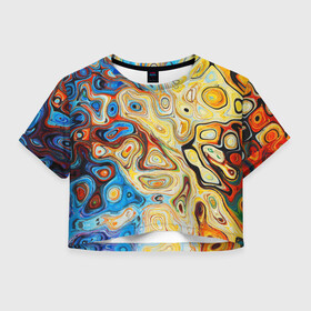 Женская футболка Crop-top 3D с принтом Цветные абстрактные пятна в Санкт-Петербурге, 100% полиэстер | круглая горловина, длина футболки до линии талии, рукава с отворотами | colors | желтый | красный | оранжевый | синий | узоры | цвета | цветное