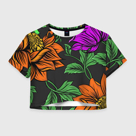 Женская футболка Crop-top 3D с принтом Тропические цветы в Санкт-Петербурге, 100% полиэстер | круглая горловина, длина футболки до линии талии, рукава с отворотами | flower | nature | лето | листья | оранжевый | природа | узор | цветок | цветы