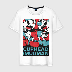 Мужская футболка хлопок с принтом Cuphead and Mugman в Санкт-Петербурге, 100% хлопок | прямой крой, круглый вырез горловины, длина до линии бедер, слегка спущенное плечо. | cuphead | game | mugman | арт | голова | игра | капхед | постер | чашка