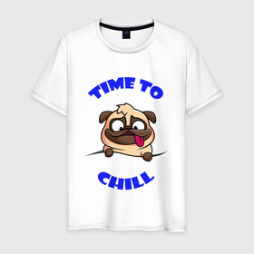 Мужская футболка хлопок с принтом Time to chill | Время чилить в Санкт-Петербурге, 100% хлопок | прямой крой, круглый вырез горловины, длина до линии бедер, слегка спущенное плечо. | chill | relax | time | время | мопс | отдыхать | пес | собака | чилить | чилл