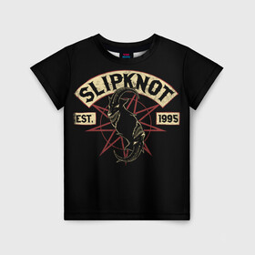 Детская футболка 3D с принтом Slipknot (1995) в Санкт-Петербурге, 100% гипоаллергенный полиэфир | прямой крой, круглый вырез горловины, длина до линии бедер, чуть спущенное плечо, ткань немного тянется | metal | music | rock | slipknot | козел | логотип | металл | музыка | надпись | пентаграмма | рок | слипкнот | узор | цифры | чб | череп