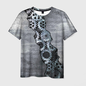 Мужская футболка 3D с принтом Шестеренки в Санкт-Петербурге, 100% полиэфир | прямой крой, круглый вырез горловины, длина до линии бедер | метал | механизм | разлом | сталь | шестеренки