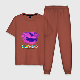 Мужская пижама хлопок с принтом Cuphead Glitch в Санкт-Петербурге, 100% хлопок | брюки и футболка прямого кроя, без карманов, на брюках мягкая резинка на поясе и по низу штанин
 | glitch | голова | фиолетовый | чашка