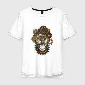 Мужская футболка хлопок Oversize с принтом Steampunk череп в Санкт-Петербурге, 100% хлопок | свободный крой, круглый ворот, “спинка” длиннее передней части | cogwheel | cogwheels | gear | gears | goggles | hat | head | mechanical | skeleton | skull | steampunk | top hat | голова | колесо | механик | механическое | очки | робот | скелет | стимпанк | фантастика | цилиндр | череп | шестерни | шляпа