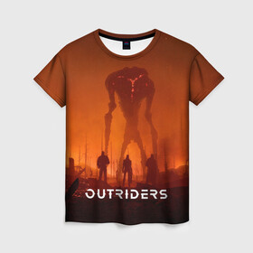 Женская футболка 3D с принтом Outriders в Санкт-Петербурге, 100% полиэфир ( синтетическое хлопкоподобное полотно) | прямой крой, круглый вырез горловины, длина до линии бедер | game | outriders | rpg | shooter | босс | всадники | игра | монстр | рпг | шутер