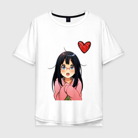 Мужская футболка хлопок Oversize с принтом Anime love в Санкт-Петербурге, 100% хлопок | свободный крой, круглый ворот, “спинка” длиннее передней части | anime | аниме | девушка | очки | сердце | смущение | тян