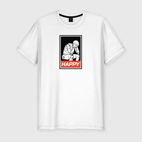 Мужская футболка хлопок Slim с принтом Happy в Санкт-Петербурге, 92% хлопок, 8% лайкра | приталенный силуэт, круглый вырез ворота, длина до линии бедра, короткий рукав | happy | sad | грусть | депрессия | настроение | счастье | человек