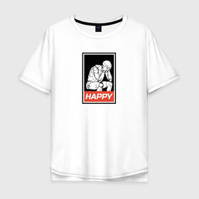 Мужская футболка хлопок Oversize с принтом Happy в Санкт-Петербурге, 100% хлопок | свободный крой, круглый ворот, “спинка” длиннее передней части | happy | sad | грусть | депрессия | настроение | счастье | человек