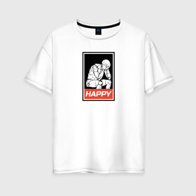 Женская футболка хлопок Oversize с принтом Happy в Санкт-Петербурге, 100% хлопок | свободный крой, круглый ворот, спущенный рукав, длина до линии бедер
 | happy | sad | грусть | депрессия | настроение | счастье | человек