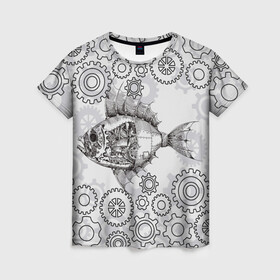 Женская футболка 3D с принтом Рыбка в Санкт-Петербурге, 100% полиэфир ( синтетическое хлопкоподобное полотно) | прямой крой, круглый вырез горловины, длина до линии бедер | steampunk | арт | графика | обои | плакат | постер | стимпанк