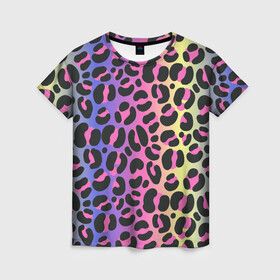 Женская футболка 3D с принтом Neon Leopard Pattern в Санкт-Петербурге, 100% полиэфир ( синтетическое хлопкоподобное полотно) | прямой крой, круглый вырез горловины, длина до линии бедер | africa | afrika | gradient | summer | tropical | африка | африканский узор | градиент | леопард | леопардовый узор | лето | неон | неоновое свечение | паттерт | пятна | разные цвета | саванна | тропики | тропический узор