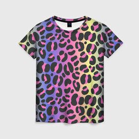 Женская футболка 3D с принтом Neon Leopard Pattern в Санкт-Петербурге, 100% полиэфир ( синтетическое хлопкоподобное полотно) | прямой крой, круглый вырез горловины, длина до линии бедер | Тематика изображения на принте: africa | afrika | gradient | summer | tropical | африка | африканский узор | градиент | леопард | леопардовый узор | лето | неон | неоновое свечение | паттерт | пятна | разные цвета | саванна | тропики | тропический узор