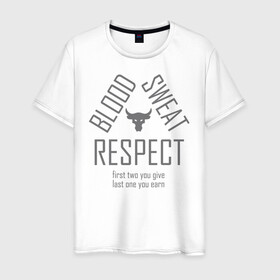 Мужская футболка хлопок с принтом Blood Sweat RESPECT в Санкт-Петербурге, 100% хлопок | прямой крой, круглый вырез горловины, длина до линии бедер, слегка спущенное плечо. | blood | bodybuilding | bull | crossfit | dwayne johnson | fitness | gym | logo | motivation | project | respect | sport | star | sweat | the rock | under armour | бодибилдинг | броня | бык | дуэйн джонсон | звезда | качалка | кровь | кроссфит | лого | мот
