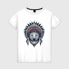 Женская футболка хлопок с принтом Медведь индеец  в Санкт-Петербурге, 100% хлопок | прямой крой, круглый вырез горловины, длина до линии бедер, слегка спущенное плечо | bear | белый медведь | индеец | медведь | мишка | охота