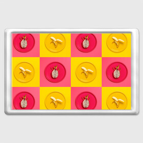 Магнит 45*70 с принтом фрукты шахматы в Санкт-Петербурге, Пластик | Размер: 78*52 мм; Размер печати: 70*45 | Тематика изображения на принте: 3d | банан | вкусняшки | еда | желтый | клетка | розовый | фрукты