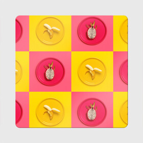 Магнит виниловый Квадрат с принтом фрукты шахматы в Санкт-Петербурге, полимерный материал с магнитным слоем | размер 9*9 см, закругленные углы | 3d | банан | вкусняшки | еда | желтый | клетка | розовый | фрукты