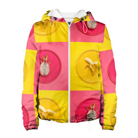 Женская куртка 3D с принтом фрукты шахматы в Санкт-Петербурге, ткань верха — 100% полиэстер, подклад — флис | прямой крой, подол и капюшон оформлены резинкой с фиксаторами, два кармана без застежек по бокам, один большой потайной карман на груди. Карман на груди застегивается на липучку | 3d | банан | вкусняшки | еда | желтый | клетка | розовый | фрукты