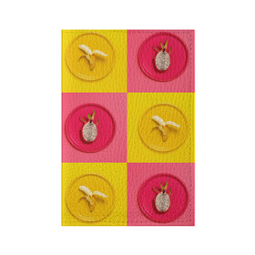 Обложка для паспорта матовая кожа с принтом фрукты шахматы в Санкт-Петербурге, натуральная матовая кожа | размер 19,3 х 13,7 см; прозрачные пластиковые крепления | 3d | банан | вкусняшки | еда | желтый | клетка | розовый | фрукты