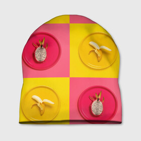 Шапка 3D с принтом фрукты шахматы в Санкт-Петербурге, 100% полиэстер | универсальный размер, печать по всей поверхности изделия | 3d | банан | вкусняшки | еда | желтый | клетка | розовый | фрукты