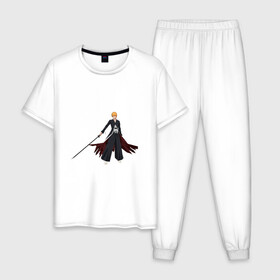 Мужская пижама хлопок с принтом Ичиго Куросаки в Санкт-Петербурге, 100% хлопок | брюки и футболка прямого кроя, без карманов, на брюках мягкая резинка на поясе и по низу штанин
 | anime | bleach | hero | ichigo kurosaki | manga | блич | герой | ичиго куросаки