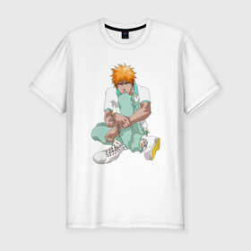 Мужская футболка хлопок Slim с принтом Ичиго в Санкт-Петербурге, 92% хлопок, 8% лайкра | приталенный силуэт, круглый вырез ворота, длина до линии бедра, короткий рукав | Тематика изображения на принте: anime | bleach | hero | ichigo kurosaki | manga | блич | герой | ичиго куросаки