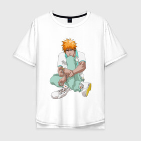 Мужская футболка хлопок Oversize с принтом Ичиго в Санкт-Петербурге, 100% хлопок | свободный крой, круглый ворот, “спинка” длиннее передней части | Тематика изображения на принте: anime | bleach | hero | ichigo kurosaki | manga | блич | герой | ичиго куросаки