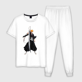 Мужская пижама хлопок с принтом Блич - Ичиго в Санкт-Петербурге, 100% хлопок | брюки и футболка прямого кроя, без карманов, на брюках мягкая резинка на поясе и по низу штанин
 | anime | bleach | hero | ichigo kurosaki | manga | блич | герой | ичиго куросаки