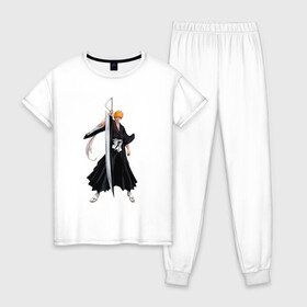 Женская пижама хлопок с принтом Блич - Ичиго в Санкт-Петербурге, 100% хлопок | брюки и футболка прямого кроя, без карманов, на брюках мягкая резинка на поясе и по низу штанин | anime | bleach | hero | ichigo kurosaki | manga | блич | герой | ичиго куросаки