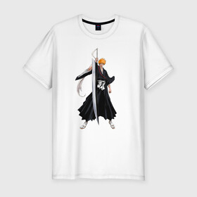 Мужская футболка хлопок Slim с принтом Блич - Ичиго в Санкт-Петербурге, 92% хлопок, 8% лайкра | приталенный силуэт, круглый вырез ворота, длина до линии бедра, короткий рукав | anime | bleach | hero | ichigo kurosaki | manga | блич | герой | ичиго куросаки