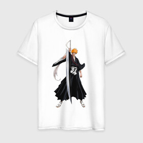 Мужская футболка хлопок с принтом Блич - Ичиго в Санкт-Петербурге, 100% хлопок | прямой крой, круглый вырез горловины, длина до линии бедер, слегка спущенное плечо. | anime | bleach | hero | ichigo kurosaki | manga | блич | герой | ичиго куросаки